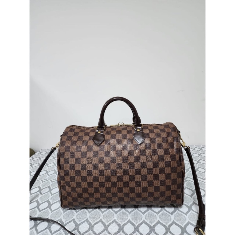 Authentic LOUIS VUITTON Damier Canvas Speedy Bandouliere 35 Bag Brown